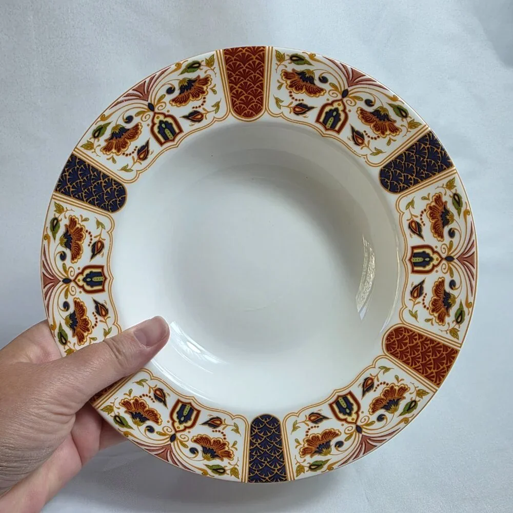 TWO Queens Imari Rim Soup Bowls Green Blue Diamond Band Floral Arches